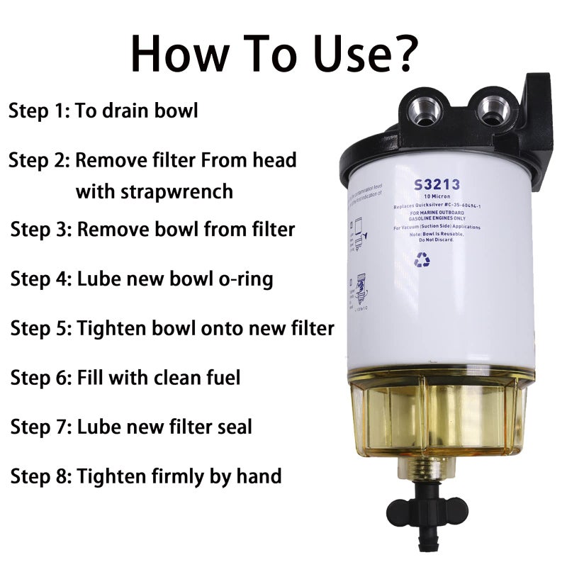 CARMOCAR Fuel Filter Water Separator replacement for Marine Outboard Motor Mercury with 3/8" Barb x 1/4" NPT brass Fittings Replaces# S3213, S3214, 35-60494-1, S3213, 18-7932-1, 18-17928, 35-809097 - Image 2